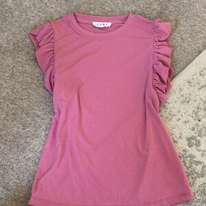 Pink Ruffle-Sleeve Ribbed Top